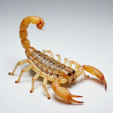 Macro photo of a yellow scorpion, clinical high-contrast lighting, clean white background, precise focus.