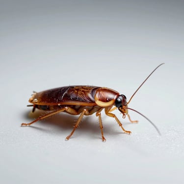 Macro photography of a German cockroach on a sterile light gray background, clinical studio lighting, high-contrast scientific detail.