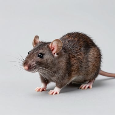 High-definition studio shot of a brown rat, isolated on a clean light gray background, highlighting physical features for identification.