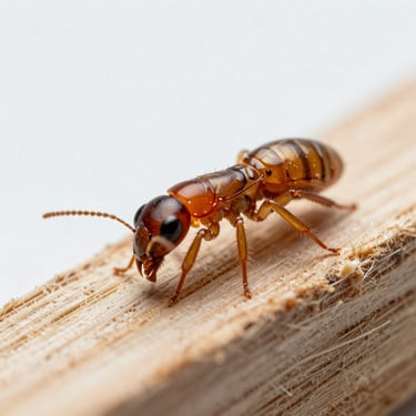 Detailed close-up of termite activity on wood fibers, bright clinical light, scientific macro focus.