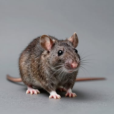 Scientific macro close-up of a brown rat, clean studio lighting, isolated against a neutral gray background.