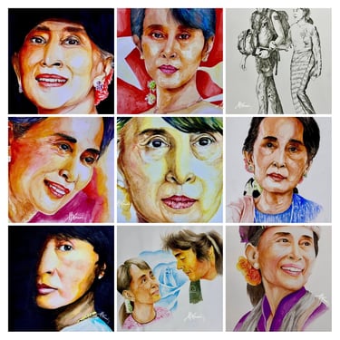 collage of nine portraits of Myanmar leader, Aung San Suu Kyi