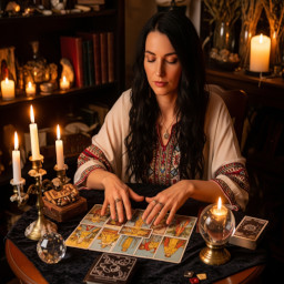 A tarot reader sits at a candle-lit table, hand placed over tarot cards, with a crystal ball, books, and mystical decor.