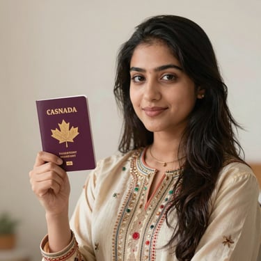 A professional woman in business attire reviewing visa documents with a consultant.