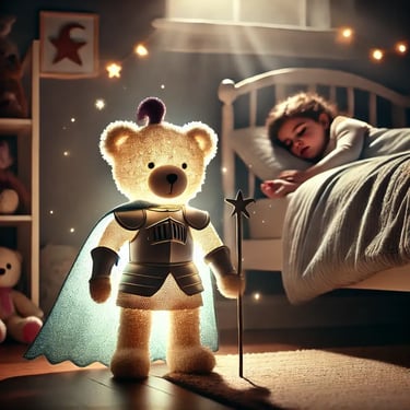 Peluche magique en tenue de chevalier veillant sur un enfant endormi, dans une chambre douce et rassurante.