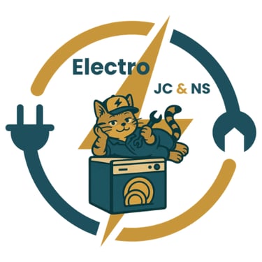 Logo Electro JC & NS avec un chat électricien, un éclair, une prise et un casque audio en bleu pétrole et doré.
