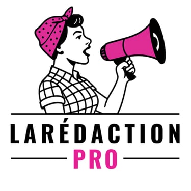 Logo La Rédaction Pro avec une femme tenant un mégaphone rose, dans un style rétro noir, blanc et rose.