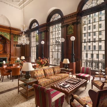 Opulent lounge with high ceilings, large windows, and classic decor in the Churchill Suite at Raffles London.