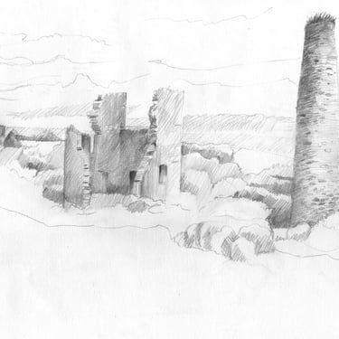 graphite drawing of ruined factory with brick chimney in landscape