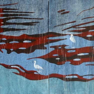 4 panels egrets on red brown river islands japaneses style