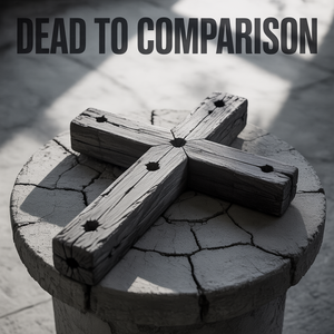 Rustic wooden cross resting on a cracked stone surface with Dead To Comparison text overlay.