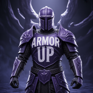Purple fantasy knight in full plate armor with Armor Up text on the chest plate.