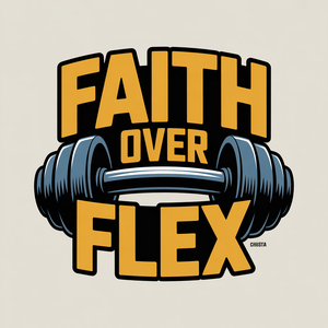 Faith Over Flex typography design with a heavy barbell for Christian fitness and bodybuilding motivation.