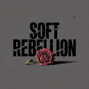 Soft Rebellion graphic featuring bold black text with a blooming red rose on a grey background.