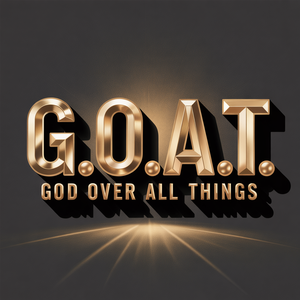Golden GOAT acronym logo for God Over All Things with a metallic finish on a dark background.