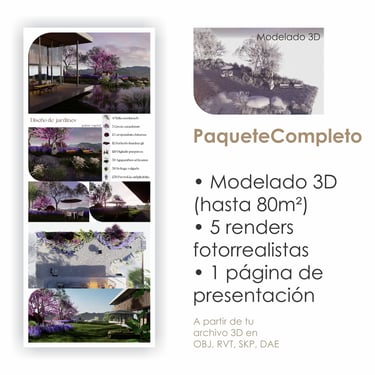 Paquete Completo: Modelado 3D (hasta 80m²), 5 renders fotorrealistas, 1 página de presentación