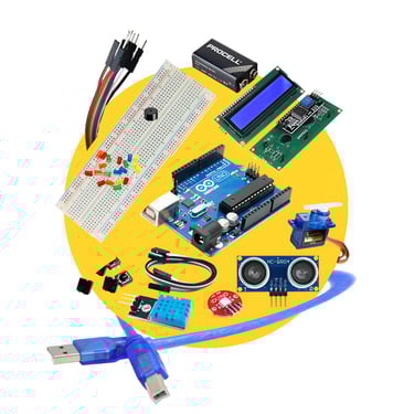 Arduino kit, breadboard, lcd, servo motor, sensor, ultrasonic, temperature sensor, rgb module, led, 