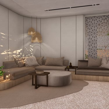 View of the formal male majlis at Etihad House concept proposal by Moori Interiors