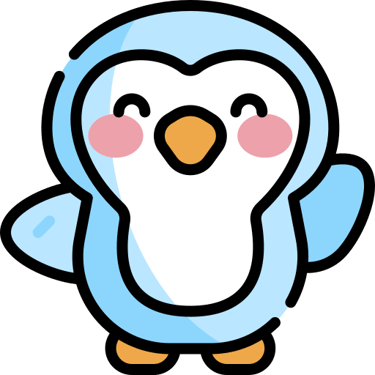 a penguin with a blue jacket and pink shoes