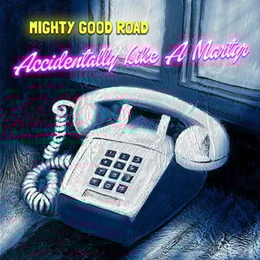 Piano and window in blue shadows with neon text "Accidentally Like A Martyr", Mighty Good Road