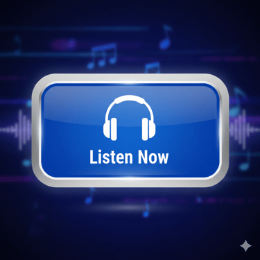 A glossy blue Listen Now button with a white headphone icon over a dark musical background.