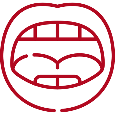 a red and white picture of a mouth with a mouth open