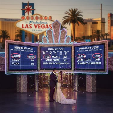 a bride and groom pose for a photo in front of a las vegas sign