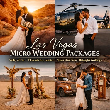 Las Vegas micro wedding packages featuring couples at Valley of Fire, Nelson Ghost Town, and helicopter ceremonies.