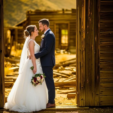 a bride and groom standing in front of a barn