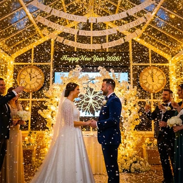a bride and groom are standing in front of a large clock