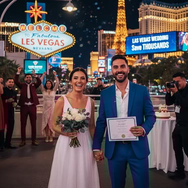 a man and woman holding a certificate for their marriage