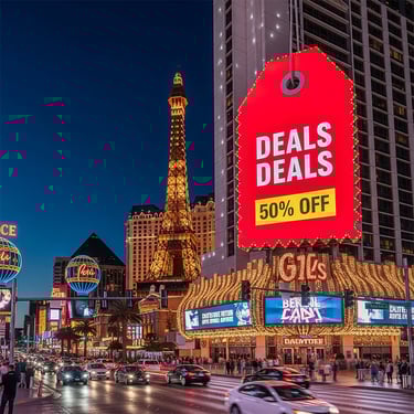 a city street scene with a large sale sign