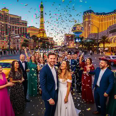 a bride and groomsmid are standing in front of a city street