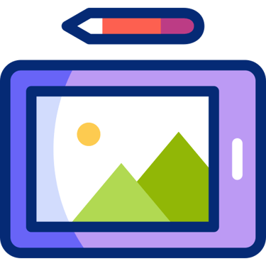 Digital drawing tablet icon with a stylus pen showing a mountain landscape illustration.