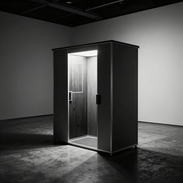 High-contrast black and white shot of a sleek modern photo booth setup in an empty gallery space, sharp shadows