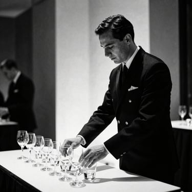 A professional event captain in a sharp black uniform organizing glass arrangements on a table, high contrast black and white