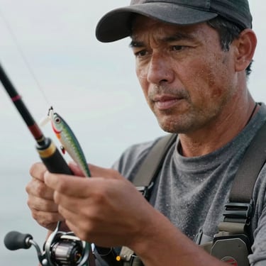 Close-up portrait of a professional fishing guide, rigging a heavy popping lure, focused expression, salt spray in background, natural lighting.