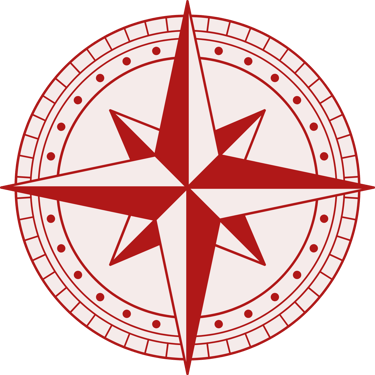A red and white nautical compass rose graphic with a circular border on a black background.