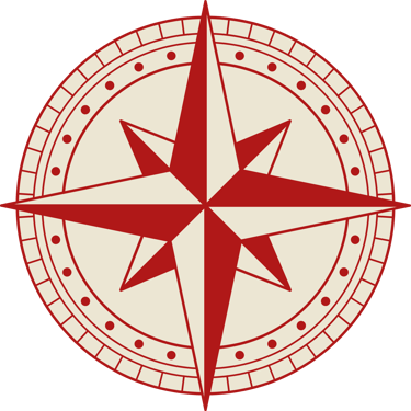 A red and cream vintage compass rose icon with a nautical star design for navigation.
