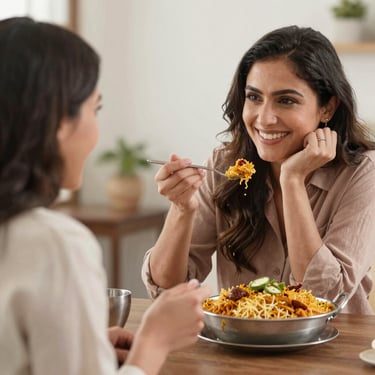 A smiling customer enjoying a vibrant plate of biryani at home.