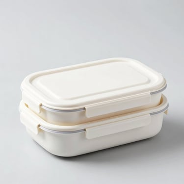 Bright high-key product photography of customized lunch boxes and food containers, light gray backdrop, sharp focus