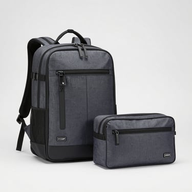 Bright high-key product photography of a modern corporate backpack and a matching travel pouch, light gray backdrop, sharp focus