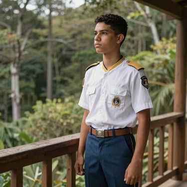 Young Brazilian desbravador in full uniform standing on a wooden balcony overlooking a forest, looking confidently into the distance.