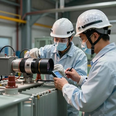 High-voltage transformer maintenance by specialized technicians wearing full safety gear and helmets, testing diagnostics under high-contrast industrial site lighting.