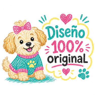 Dibujo a crayón de un lindo cachorro de caniche llevando un suéter con el texto Diseño 100% Original
