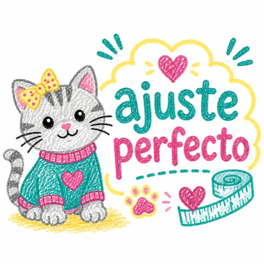 Dibujo con crayón de un lindo gato gris con un suéter que tiene el texto en español 'ajuste perfecto