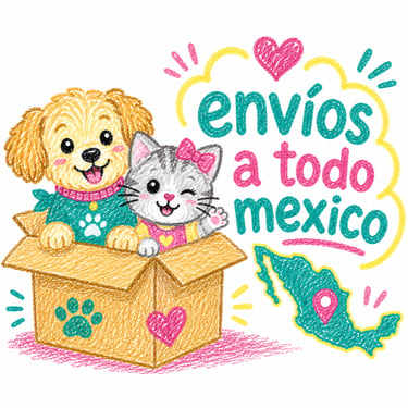 Dibujo a crayón de un perro y un gato tiernos en una caja con el texto 'Envíos a Todo México' para e