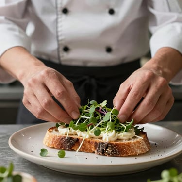 A chef behind the pass arranging fresh microgreens on an artisanal sourdough toast, soft side lighting.