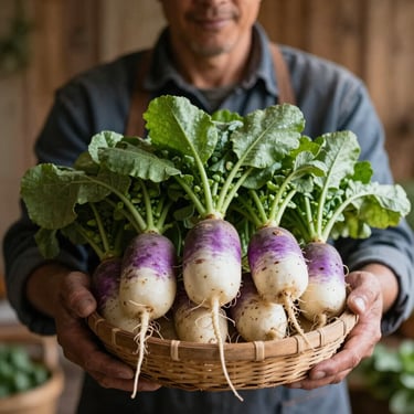 A close-up portrait of an organic farmer holding a basket of heirloom radishes, soft natural light, rustic wooden background.