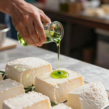 Hands pouring a vibrant green herbal oil over fresh cheese at a market counter, soft natural shadows.